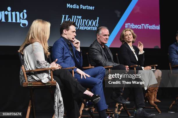 Erich Bergen, Keith Carradine and Tea Leoni speak onstage at the "Madame Secretary" Season 5 Premiere at Spring Studios on September 20, 2018 in New...