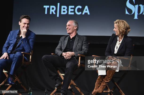 Erich Bergen, Keith Carradine and Tea Leoni speak onstage at the "Madame Secretary" Season 5 Premiere at Spring Studios on September 20, 2018 in New...
