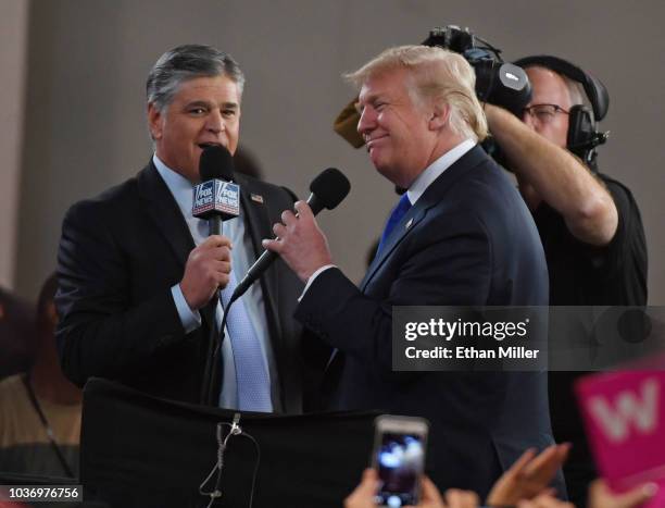 Fox News Channel and radio talk show host Sean Hannity interviews U.S. President Donald Trump before a campaign rally at the Las Vegas Convention...