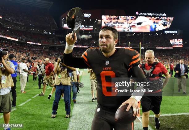 Baker Mayfield of the Cleveland Browns runs off the field after a 21-17 win over the New York Jets at FirstEnergy Stadium on September 20, 2018 in...