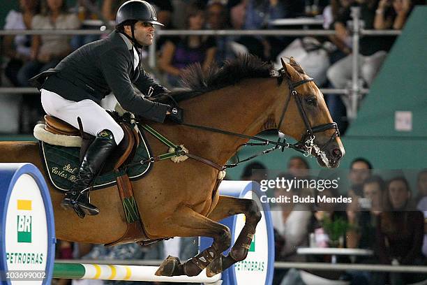 Carlos Motta Ribas with the horse Ronaldo in action during the International Jumping Competition as part of the Athina Onassis International Horse...