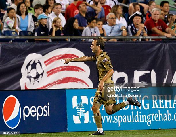 Justin Mapp of the Philadelphia Union reacts after he scored the winning goal against the New England Revolution at Gillette Stadium on August 28,...