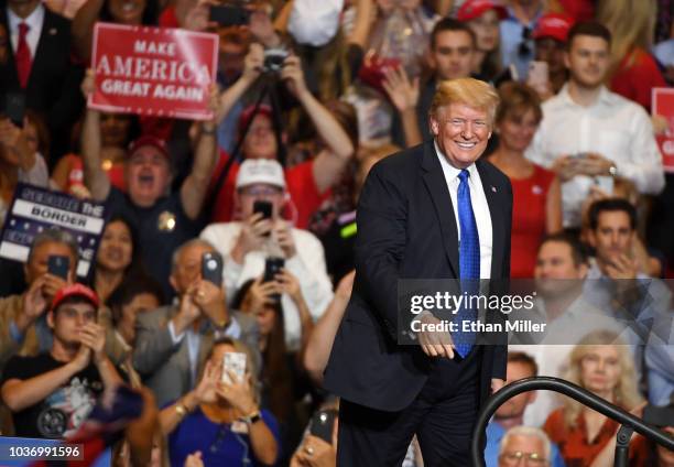 President Donald Trump smiles after speaking at a campaign rally at the Las Vegas Convention Center on September 20, 2018 in Las Vegas, Nevada. Trump...