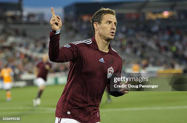 Jamie Smith of the Colorado Rapids celebrates his goal in the second minute against the Houston Dynamo during MLS action at Dick's Sporting Goods...