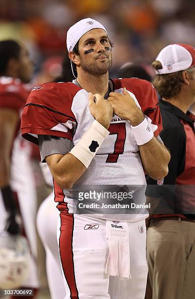 Matt Leinart of the Arizona Cardinals walks in the bench area during a preseason game against the Chicago Bears at Soldier Field on August 28, 2010...