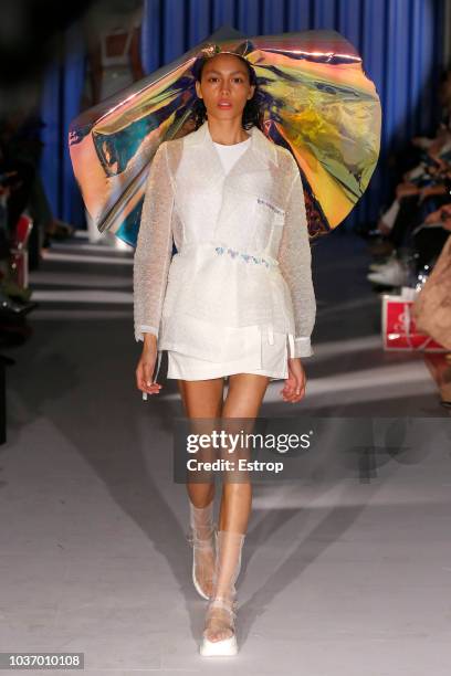 Model walks the runway at the Xiao Li Show during London Fashion Week September 2018 at The BFC Show Space on September 14, 2018 in London, England.