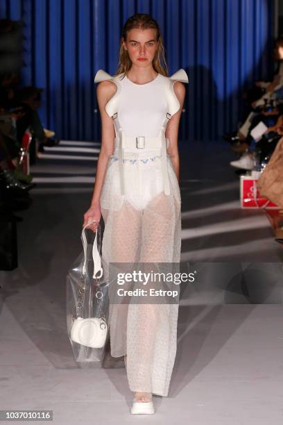 Model walks the runway at the Xiao Li Show during London Fashion Week September 2018 at The BFC Show Space on September 14, 2018 in London, England.