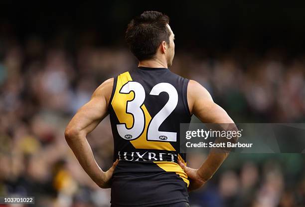 Ben Cousins of the Tigers walks the sideline after being substituted during the round 22 AFL match between the Richmond Tigers and the Port Power at...