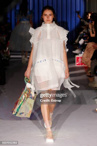 Model walks the runway at the Xiao Li Show during London Fashion Week September 2018 at The BFC Show Space on September 14, 2018 in London, England.