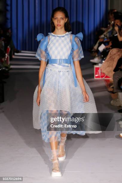 Model walks the runway at the Xiao Li Show during London Fashion Week September 2018 at The BFC Show Space on September 14, 2018 in London, England.