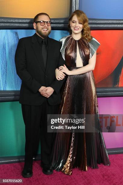 Jonah Hill and Emma Stone attend the Season One premiere of Netflix's "Maniac" at Center 415 on September 20, 2018 in New York City.