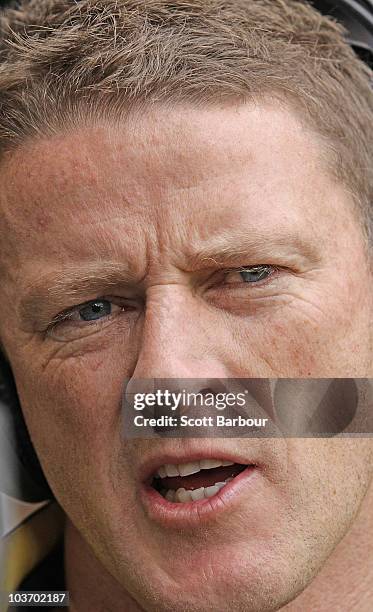 Richmond Tigers coach Damien Hardwick looks on during the round 22 AFL match between the Richmond Tigers and the Port Power at Etihad Stadium on...