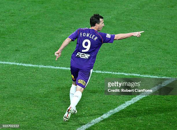 Robbie Fowler of the Glory celebrates scoring his penalty during the round four A-League match between the Melbourne Heart and the Perth Glory at...