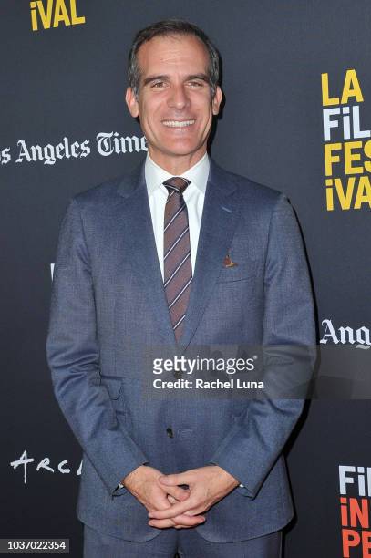 Los Angeles Mayor Eric Gacretti arrives at the 2018 LA Film Festival opening night premiere of "Echo In The Canyon" at John Anson Ford Amphitheatre...