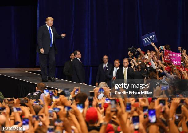 President Donald Trump walks onstage for a campaign rally at the Las Vegas Convention Center on September 20, 2018 in Las Vegas, Nevada. Trump is in...