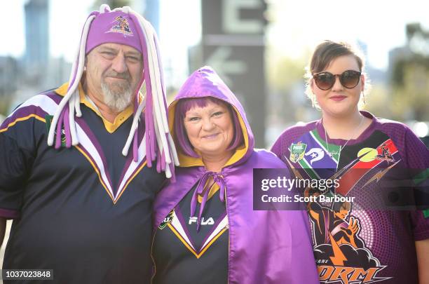 Melbourne Storm NRL supporters wait to enter the ground on September 21, 2018 in Melbourne, Australia. Over 100,000 fans are expected in Melbourne's...