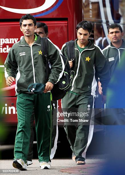 Yasir Hameed, capatin Salman Butt and wicketkeeper Kamran Akmal of Pakistan arrive ahead of day four of the 4th npower Test Match between England and...