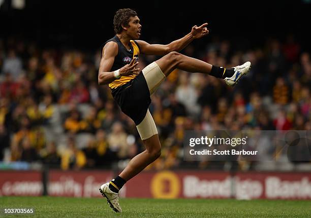 Troy Taylor of the Tigers kicks the ball during the round 22 AFL match between the Richmond Tigers and the Port Power at Etihad Stadium on August 29,...