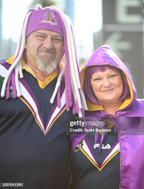 Melbourne Storm NRL supporters wait to enter the ground on September 21, 2018 in Melbourne, Australia. Over 100,000 fans are expected in Melbourne's...