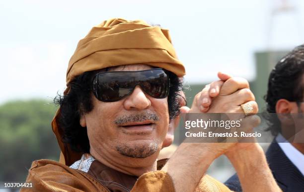 Libyan leader Muammar Gaddafi arrives at Ciampino airport on August 29, 2010 in Rome, Italy. Gadaffi is on an official two-day visit to Italy for...