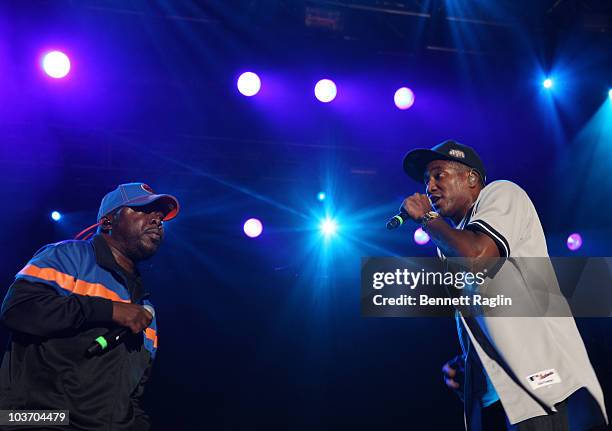 Recording artists Phife and Q-Tip of A Tribe Called Quest perform during the 7th Annual Rock The Bells festival on Governors Island on August 28,...