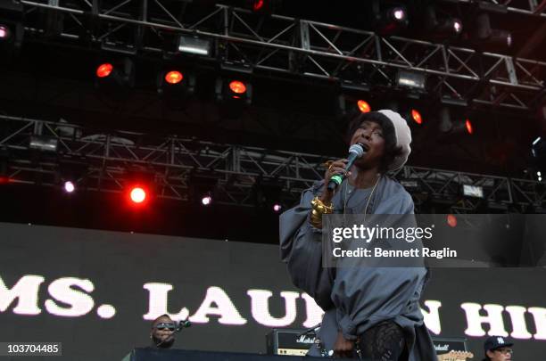 Recording artist Lauryn Hill performs during the 7th Annual Rock The Bells festival on Governors Island on August 28, 2010 in New York City.