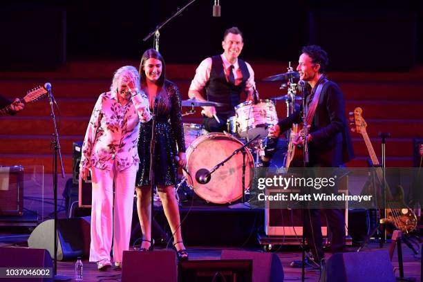 Michelle Phillips, Jade Castrinos, and Jakob Dylan perform during the 2018 LA Film Festival opening night premiere of "Echo In The Canyon" at John...