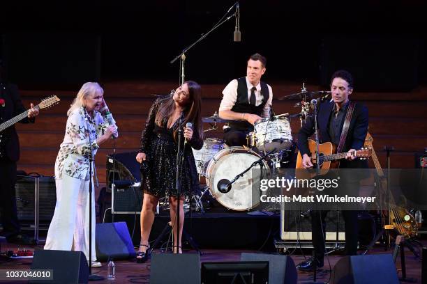 Michelle Phillips, Jade Castrinos, and Jakob Dylan perform during the 2018 LA Film Festival opening night premiere of "Echo In The Canyon" at John...