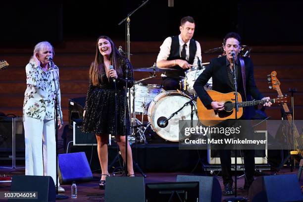 Michelle Phillips, Jade Castrinos, and Jakob Dylan perform during the 2018 LA Film Festival opening night premiere of "Echo In The Canyon" at John...