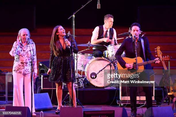 Michelle Phillips, Jade Castrinos, and Jakob Dylan perform during the 2018 LA Film Festival opening night premiere of "Echo In The Canyon" at John...