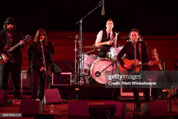 Fernando Perdomo, Cat Power, and Jakob Dylan perform onstage during the 2018 LA Film Festival opening night premiere of "Echo In The Canyon" at John...