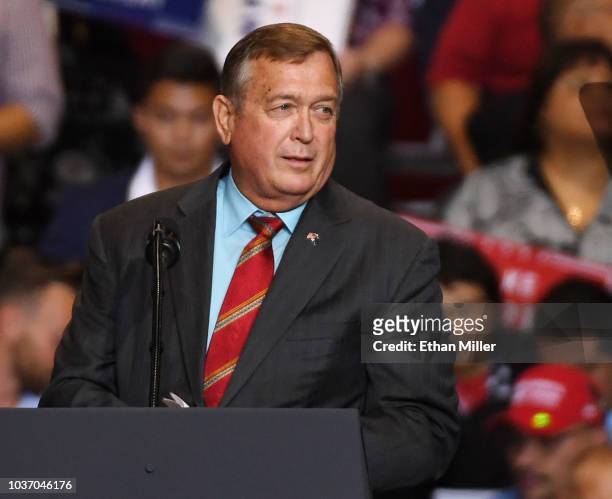 Republican andidate for Nevada's 4th House District Cresent Hardy speaks during a Donald Trump campaign rally at the Las Vegas Convention Center on...