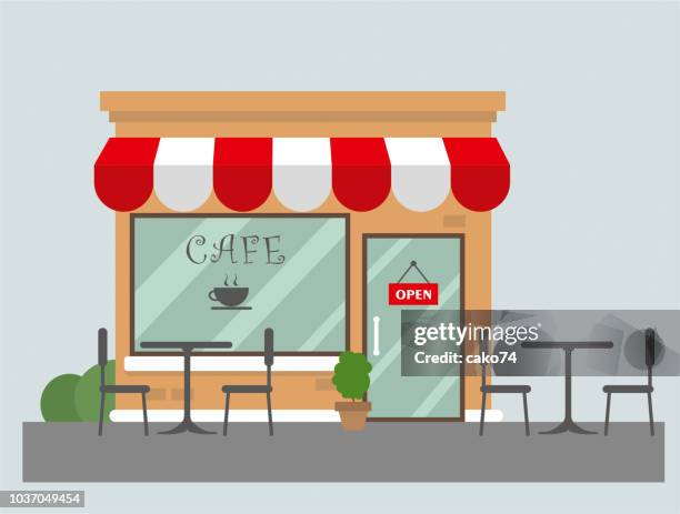 bildbanksillustrationer, clip art samt tecknat material och ikoner med café platt design - shop entrance