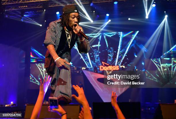 Rapper Wiz Khalifa performs during the Doritos Blaze The Beat competition at the The Foundry at SLS Las Vegas on September 20, 2018 in Las Vegas,...