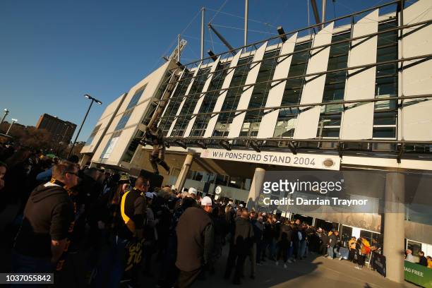 Footy fans line up outside the M.C.G. On September 21, 2018 in Melbourne, Australia. Over 100,000 fans are expected in Melbourne's sporting precinct...
