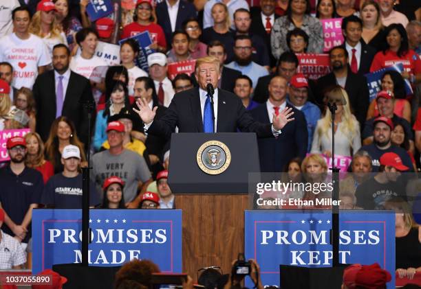 President Donald Trump speaks during a campaign rally at the Las Vegas Convention Center on September 20, 2018 in Las Vegas, Nevada. Trump is in town...