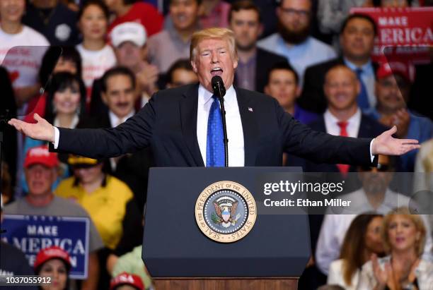 President Donald Trump speaks during a campaign rally at the Las Vegas Convention Center on September 20, 2018 in Las Vegas, Nevada. Trump is in town...