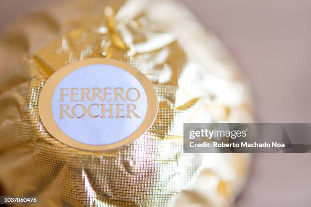 Close up of a Ferrero Rocher chocolate. The company is a chocolate and hazelnut confectionery producer based in Italy.