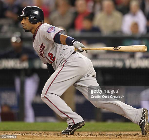 Alexi Casilla of the Minnesota Twins bats against the Seattle Mariners at Safeco Field on August 27, 2010 in Seattle, Washington. The Twins won 6-3.