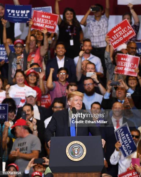 President Donald Trump speaks during a campaign rally at the Las Vegas Convention Center on September 20, 2018 in Las Vegas, Nevada. Trump is in town...