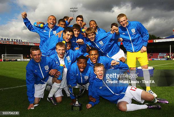 England celebrate winning the FA International U17 Tournament, after beating Portugal during a match between England and Portugal at Glanford Park on...