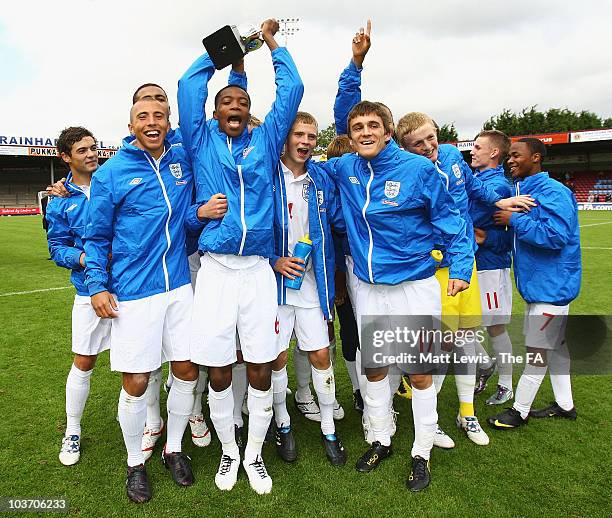 England celebrate winning the FA International U17 Tournament, after beating Portugal during a match between England and Portugal at Glanford Park on...