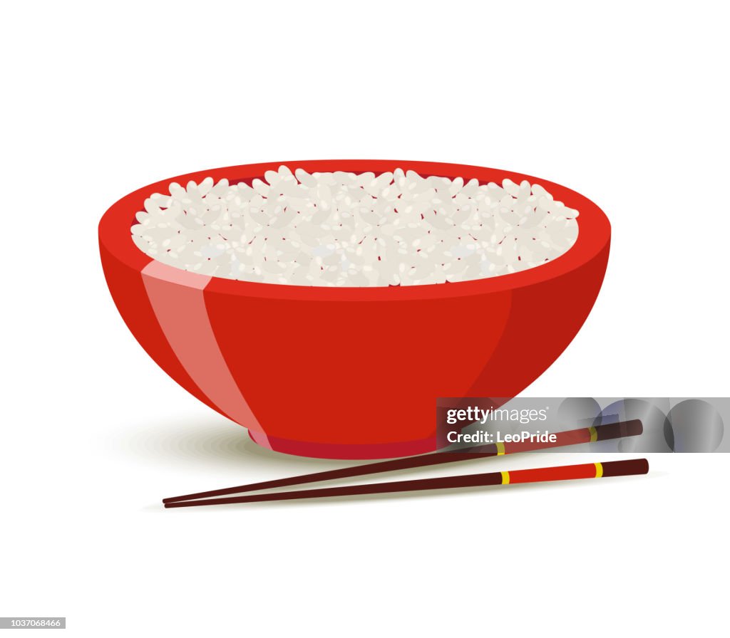 Ranimated Cooked Rice Vector Boiled Rice In Red Bowl Cartoon Style High-Res Vector Graphic ...