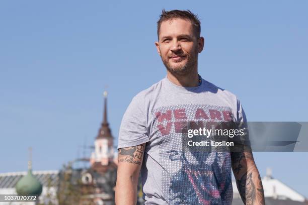 Actor Tom Hardy attends the 'Venom' photocall at Zaryadie park on September 21, 2018 in Moscow, Russia.