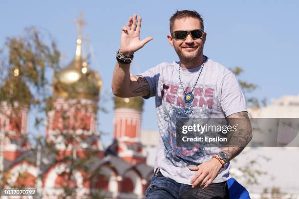 Actor Tom Hardy attends the 'Venom' photocall at Zaryadie park on September 21, 2018 in Moscow, Russia.