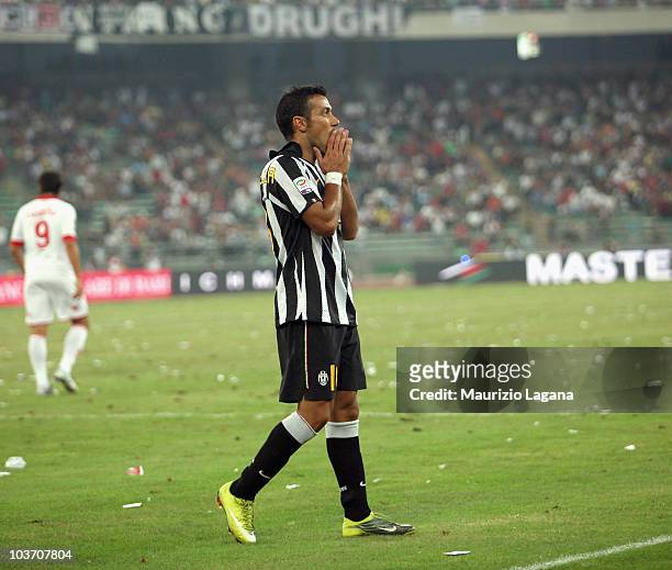 Fabio Quagliarella of Juventus FC shows his dejection during the Serie A match between Bari and Juventus at Stadio San Nicola on August 29, 2010 in...