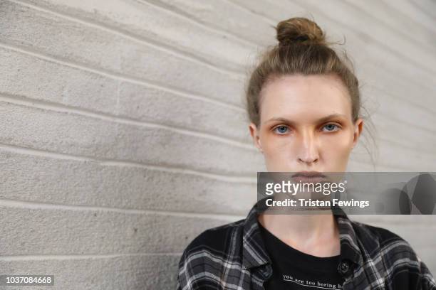 Model is seen backstage ahead of the Antonio Marras show during Milan Fashion Week Spring/Summer 2019 on September 21, 2018 in Milan, Italy.