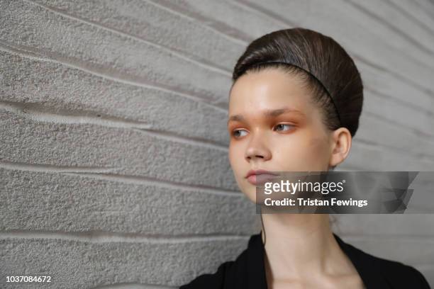 Model is seen backstage ahead of the Antonio Marras show during Milan Fashion Week Spring/Summer 2019 on September 21, 2018 in Milan, Italy.