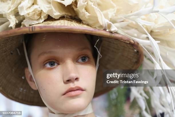 Model is seen backstage ahead of the Antonio Marras show during Milan Fashion Week Spring/Summer 2019 on September 21, 2018 in Milan, Italy.