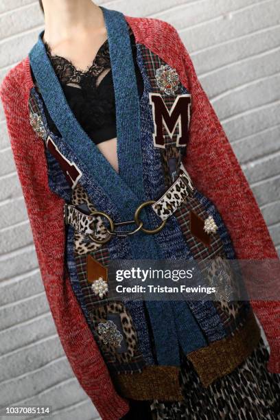 Model, fashion details, is seen backstage ahead of the Antonio Marras show during Milan Fashion Week Spring/Summer 2019 on September 21, 2018 in...